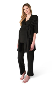 Black Analise 3-Piece Set. Pregnant woman wearing 3/4 sleeve robe, tank top and pant.