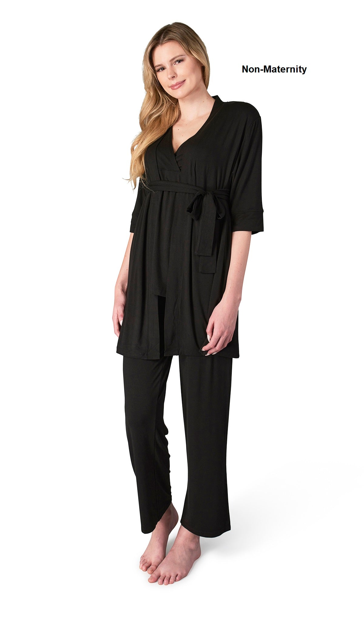 Black Analise 3-Piece Set. Woman wearing 3/4 sleeve robe, tank top and pant as non-maternity.