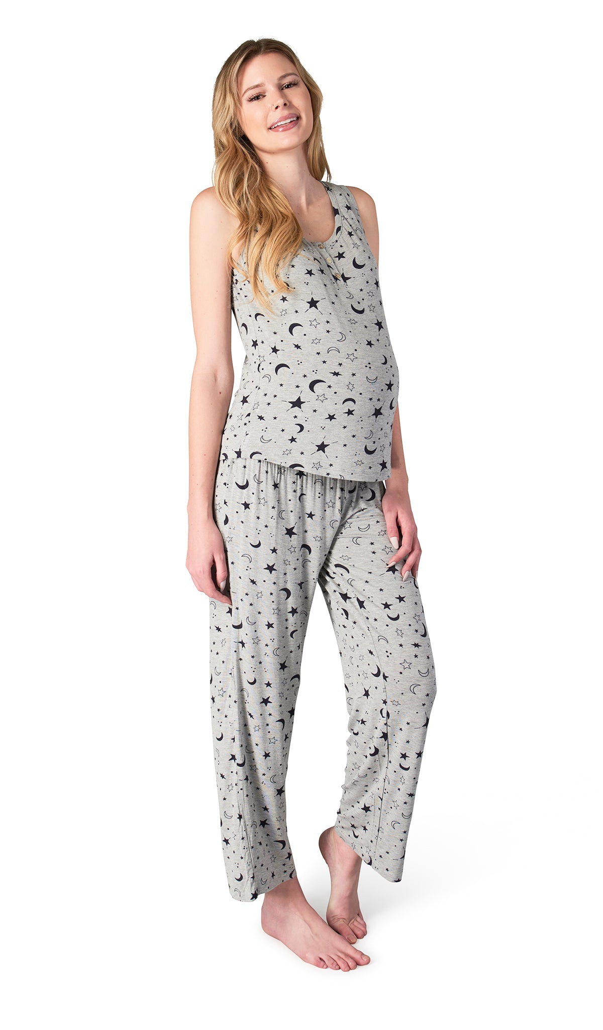 Twinkle Night Joy 2-Piece Set. Pregnant woman wearing button front placket tank top and pant.