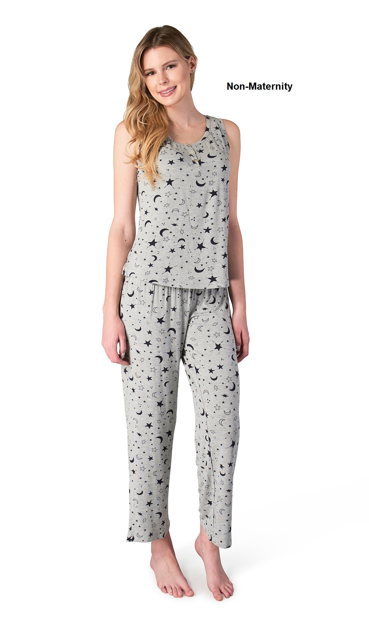 Twinkle Night Joy 2-Piece Set. Woman wearing button front placket tank top and pant as non-maternity.