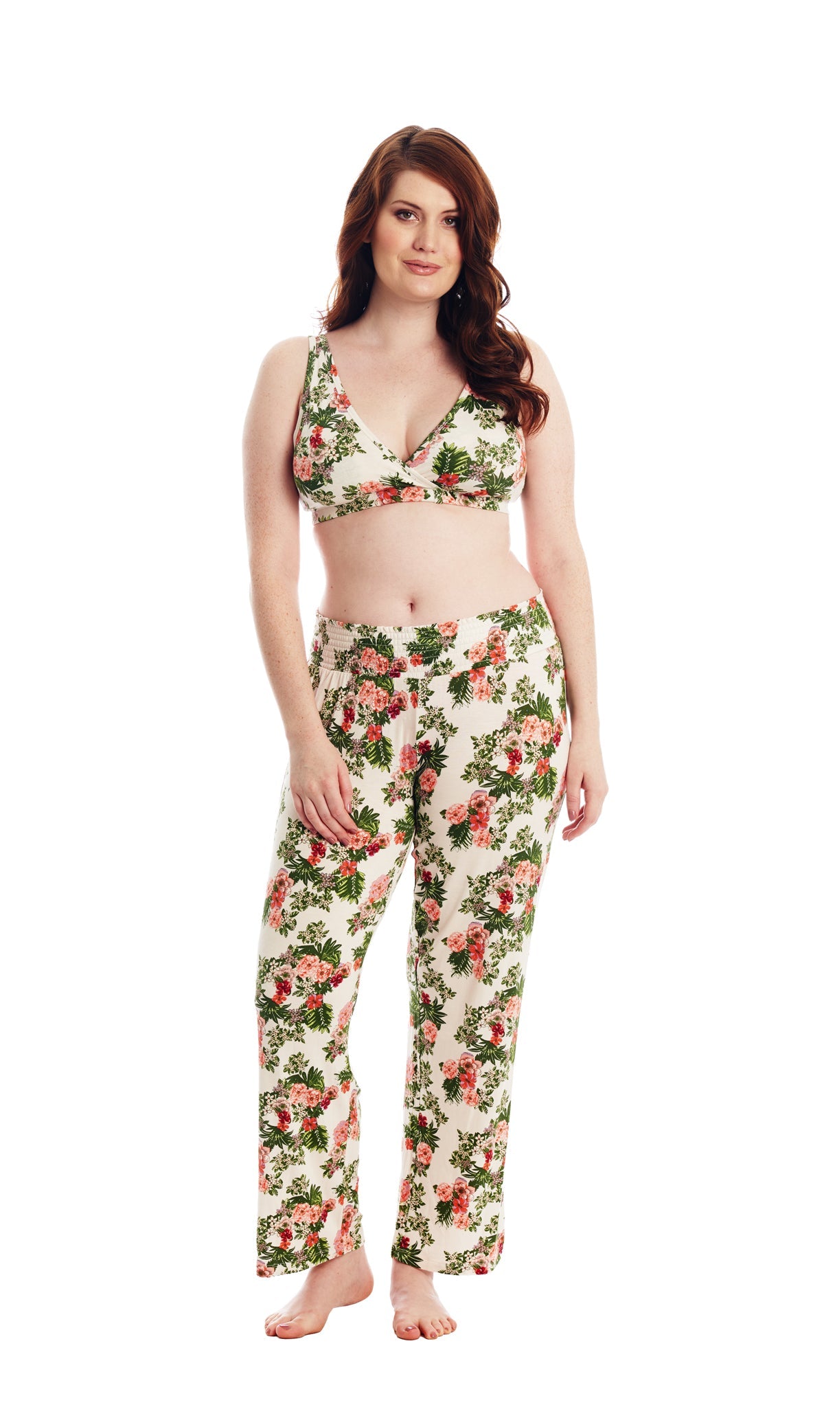 Beige Floral Paisley Single Bra. Full length shot of woman wearing Beige Floral print bra and matching pant.