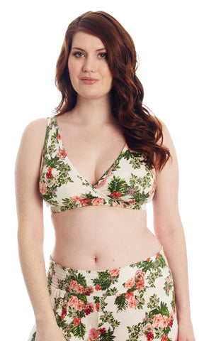Beige Floral Paisley Single Bra. Detail shot of woman wearing Beige Floral print bra and matching pant.