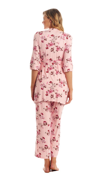 Blossom Analise 3-Piece Set, back shot of woman wearing robe and pant.
