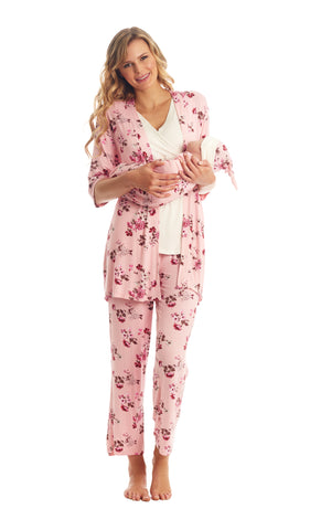 Blossom Analise 3-Piece Set. Woman wearing 3/4 sleeve robe, tank top and pant while holding a baby wearing baby gown and knotted baby hat.
