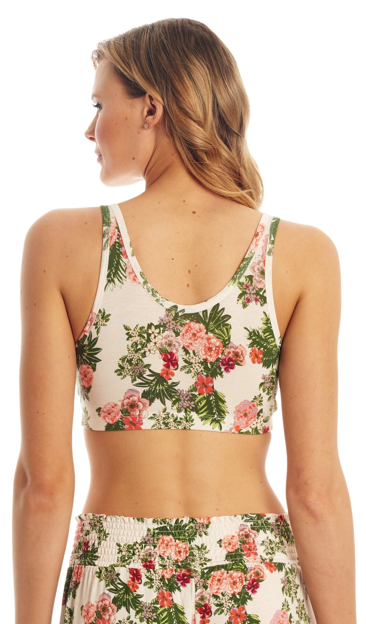 Beige Floral Paisley Single Bra. Detail back shot of woman wearing Beige Floral print bra and matching pant.