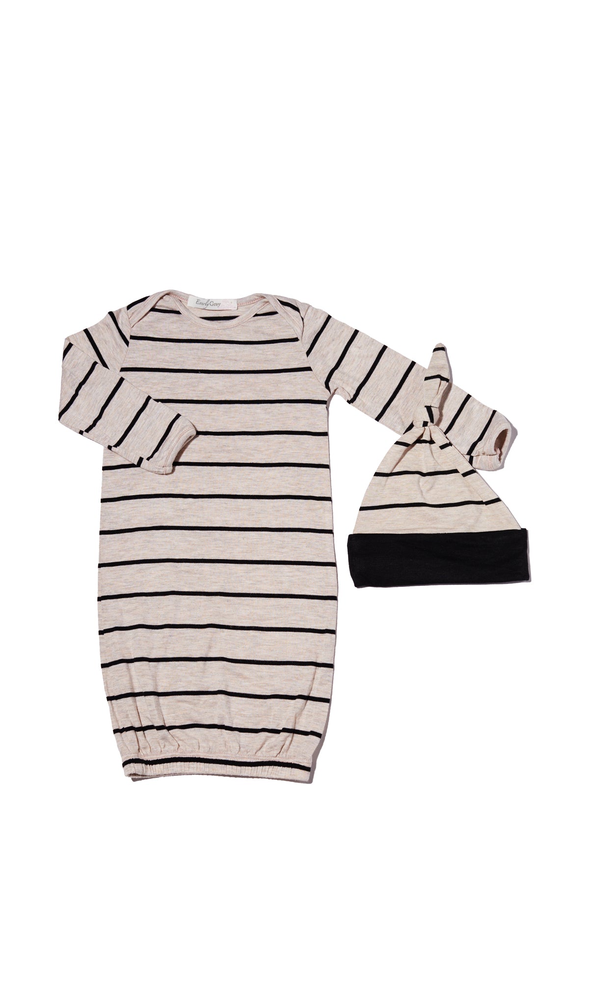 Sand Stripe Adaline 5-Piece Set, gown and knotted hat for baby.