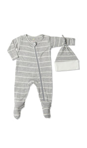 Heather Grey Footie 2-Piece with long sleeves, zip front and matching knotted baby hat.