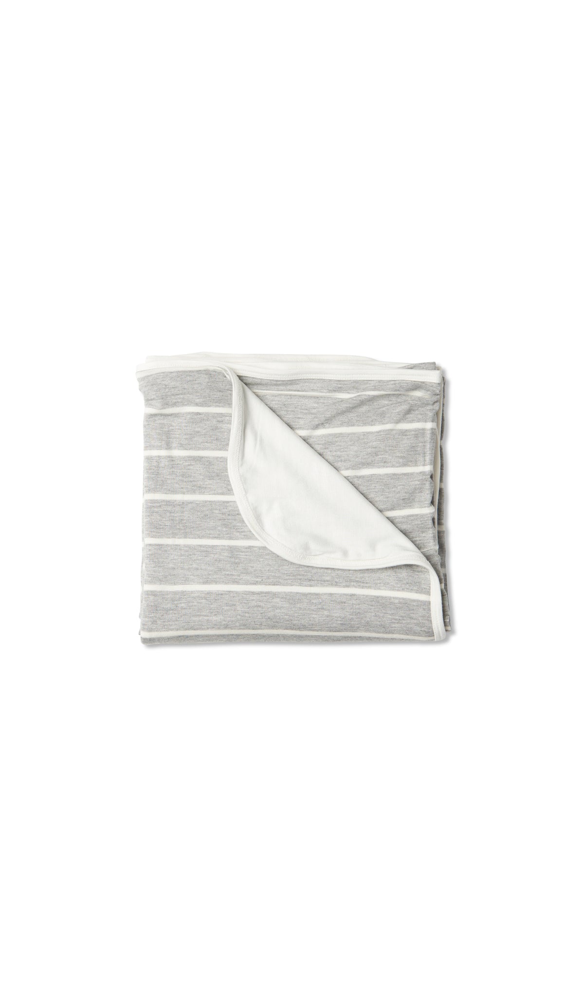 Heather Grey Swaddle Blanket folded into a square with print showing on one side and reversible contrast solid showing on other side of fold down flap.