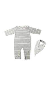 Heather Grey Romper 2-Piece flat shot of long sleeve romper with matching reversible bib showing solid side.