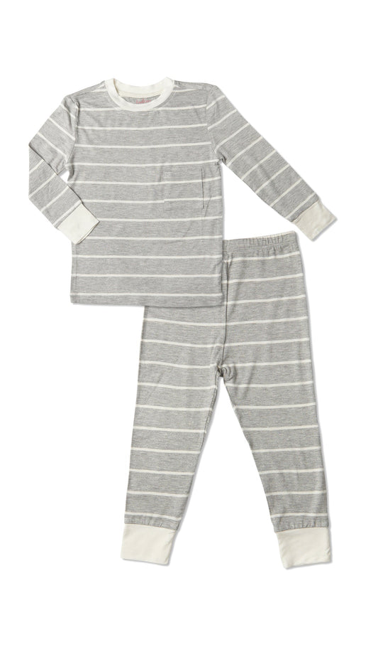 Heather Grey Emerson Baby 2-Piece Pant PJ. Long sleeve top with cuff trim and long pant with cuff trim.
