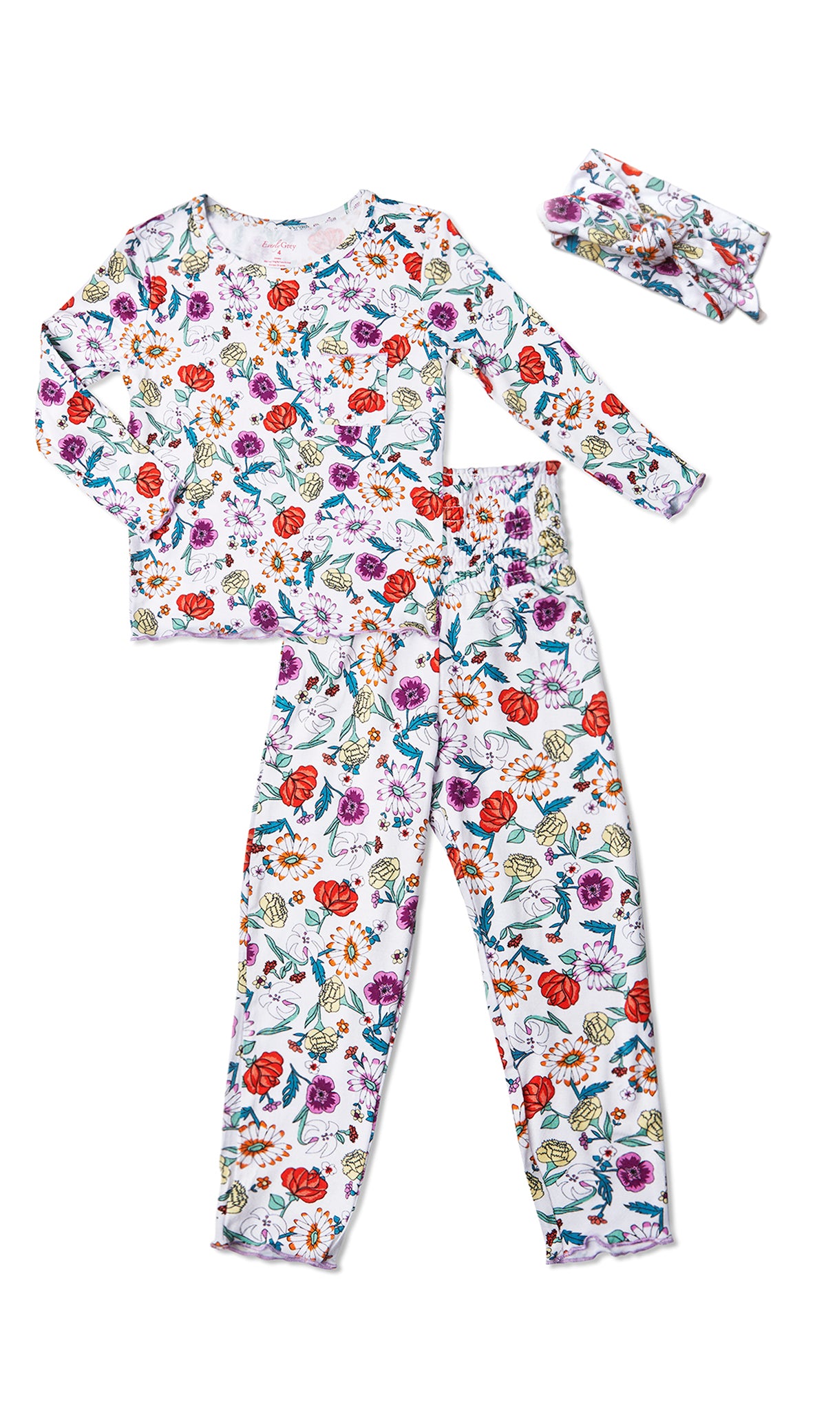 Zinnia Charlie Kids 3-Piece Pant PJ. Long sleeve top with smocked waistband pant and matching headwrap. Lettuce trim detail on sleeve edge, top and pant hem.