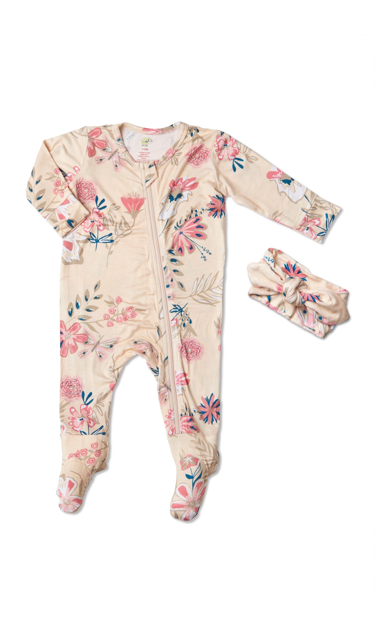 Wild Flower Footie 2-Piece Set. Flat shot of zip front footie for baby with matching headwrap tied into a tie-knot bow.