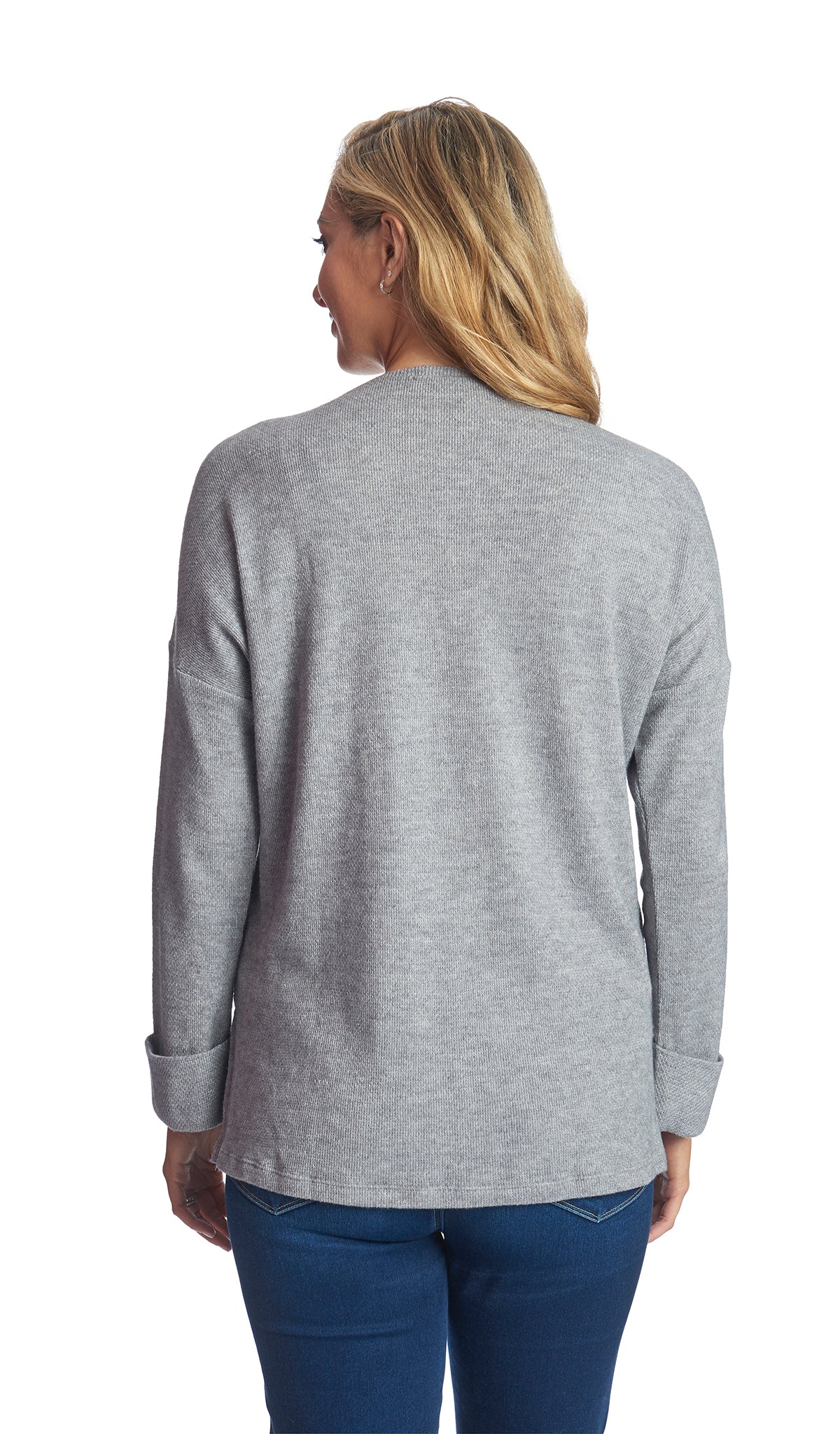 Heather Grey Andria back shot of sweater worn by woman.