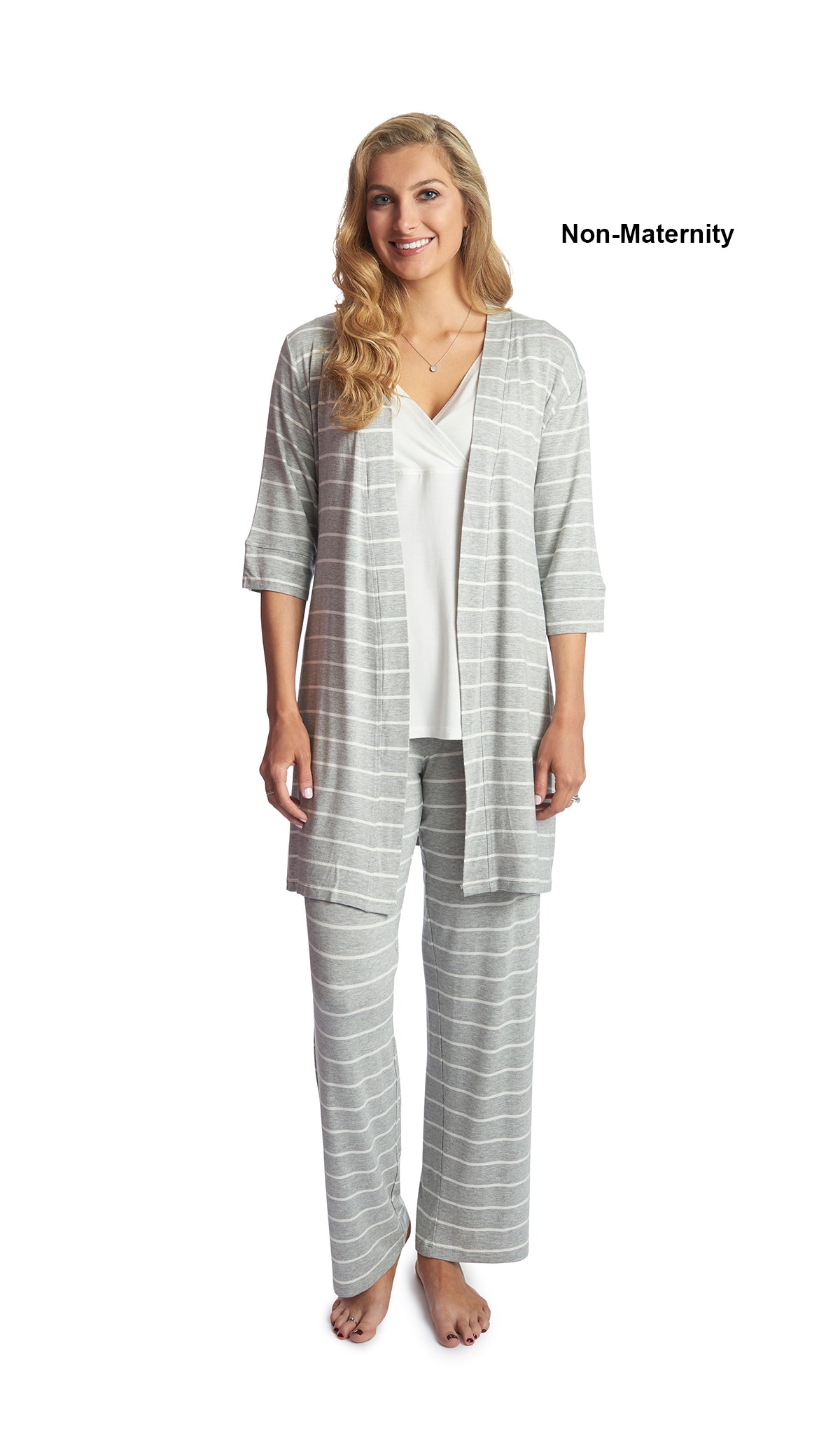 Heather Grey Analise 3-Piece Set. Woman wearing 3/4 sleeve robe, tank top and pant as non-maternity.