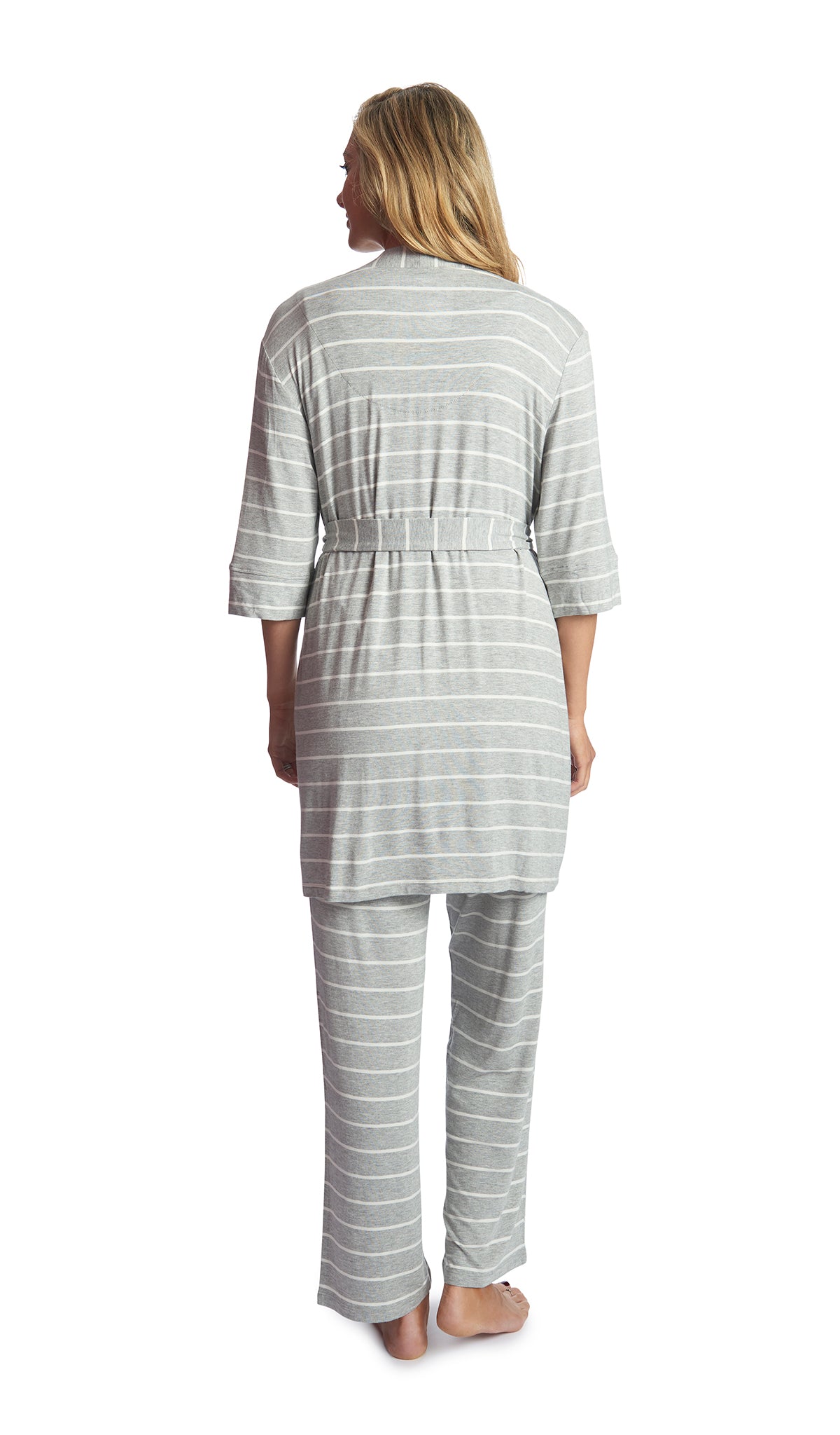 Heather Grey Analise 3-Piece Set, back shot of woman wearing robe and pant.