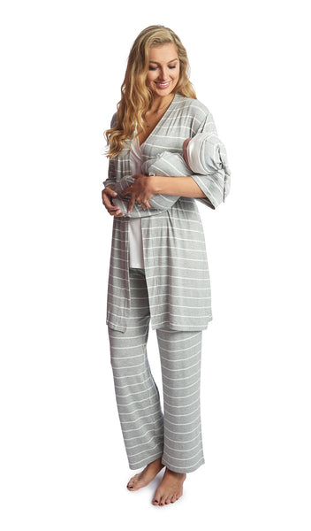Heather Grey Analise 5-Piece Set. Woman wearing 3/4 sleeve robe, tank top and pant while holding a baby wearing baby gown and knotted baby hat.
