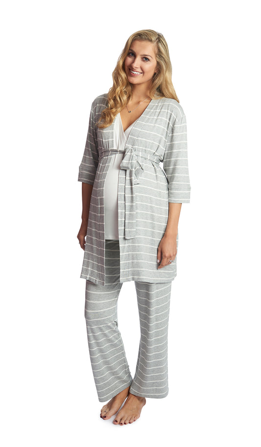 Heather Grey Analise 3-Piece Set. Pregnant woman wearing 3/4 sleeve robe, tank top and pant.