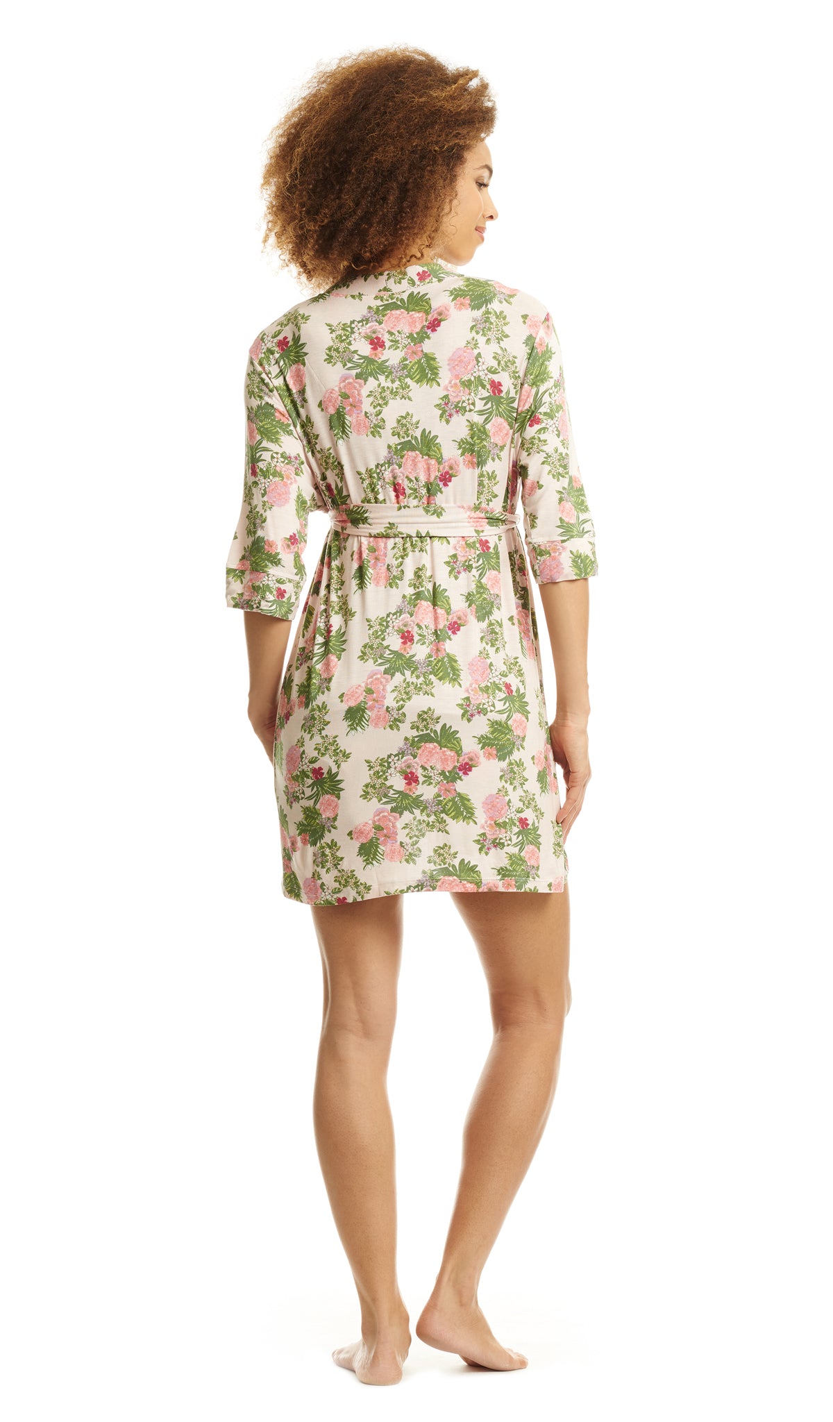 Beige Floral Adalia 5-Piece Set, back shot of woman wearing robe and short.