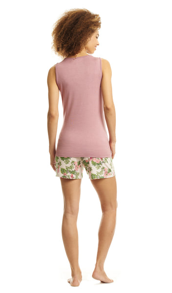 Beige Floral Adalia 5-Piece Set. Back shot of woman wearing tank top and short.