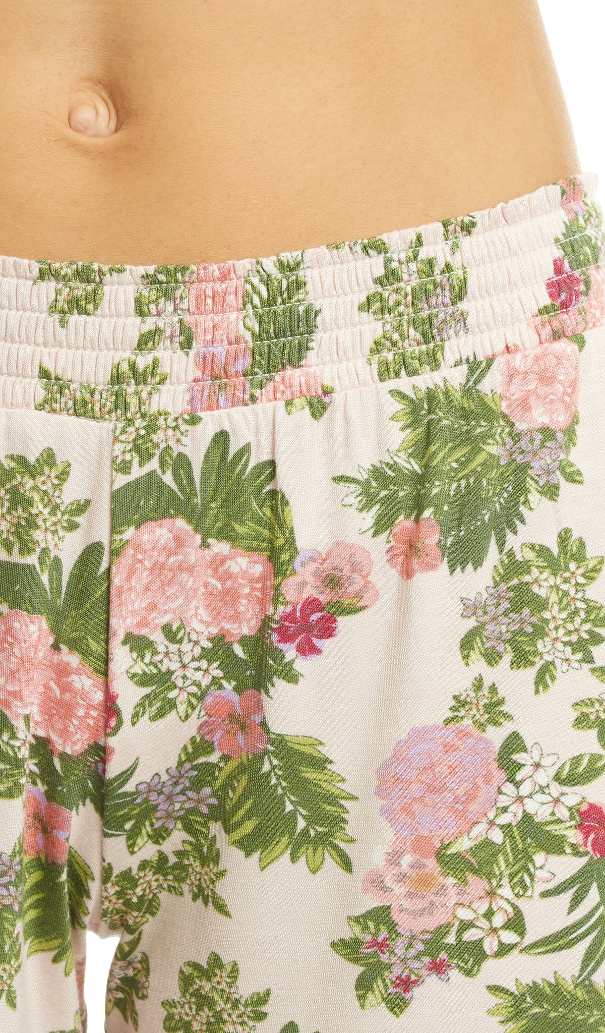Beige Floral Adalia 3-Piece Set, detailed shot of smocked elastic waistband.