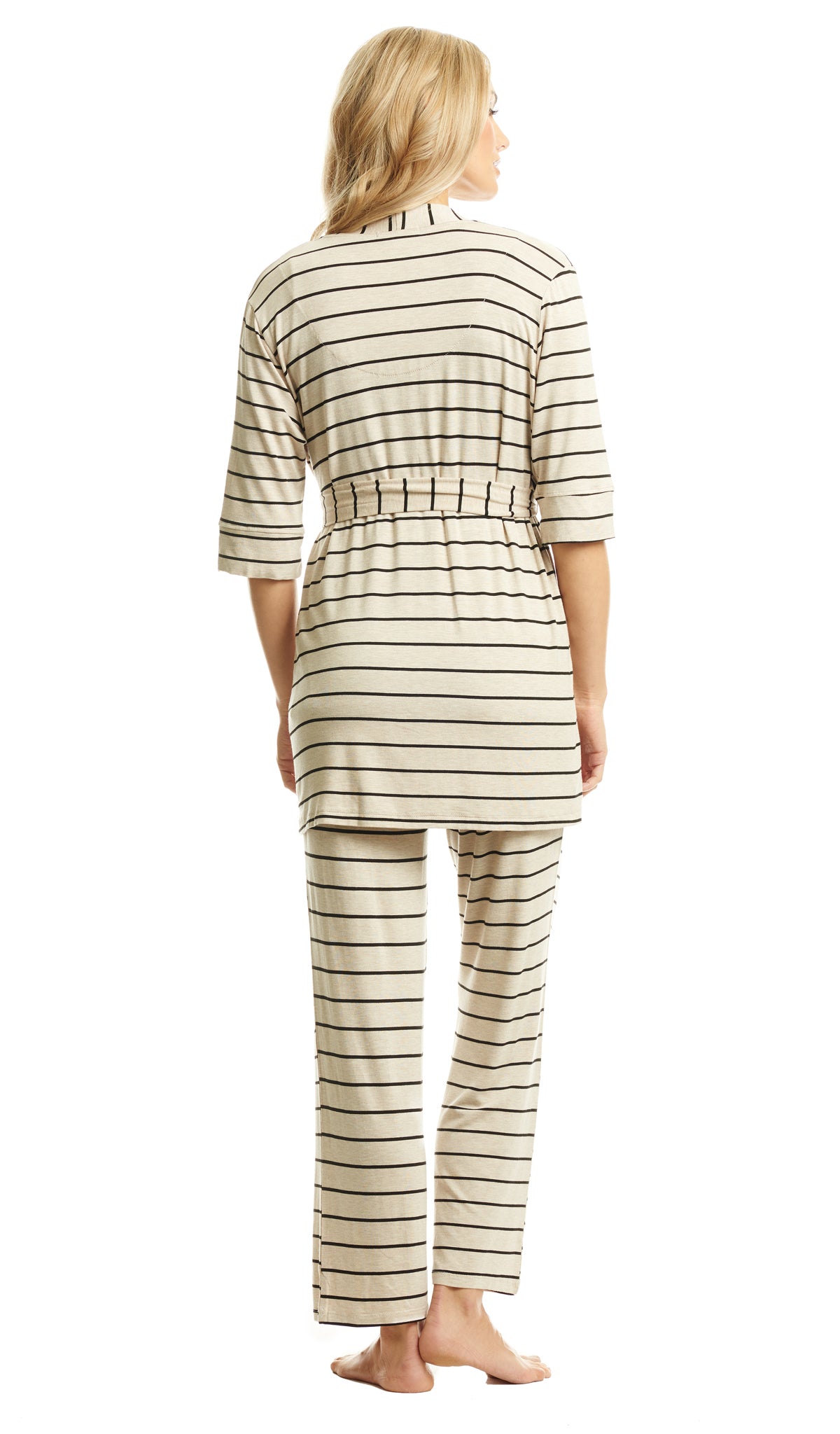 Sand Stripe Analise 3-Piece Set, back shot of woman wearing robe and pant.