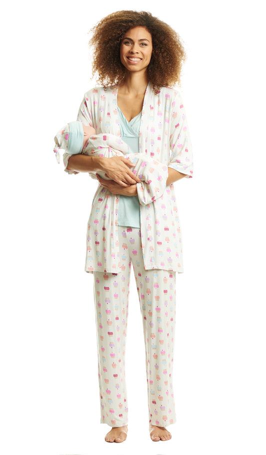 Analise 3-Piece Cupcakes PJ has robe, tank top and pant worn by woman holding a baby.