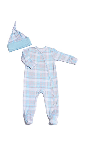 Blue Plaid Footie 2-Piece with long sleeves, snap front and matching knotted baby hat.