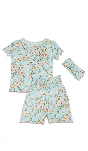 Cloud Blue Bella Baby 3-Piece Short PJ. Flat shot of short sleeve top and short with matching headwrap. Lettuce edge detailing on top and sleeve hem along with short hem.