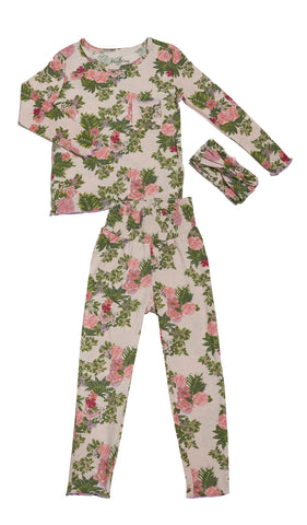 Beige Floral Charlie Kids 3-Piece Pant PJ. Long sleeve top with smocked waistband pant and matching headwrap. Lettuce trim detail on sleeve edge, top and pant hem.