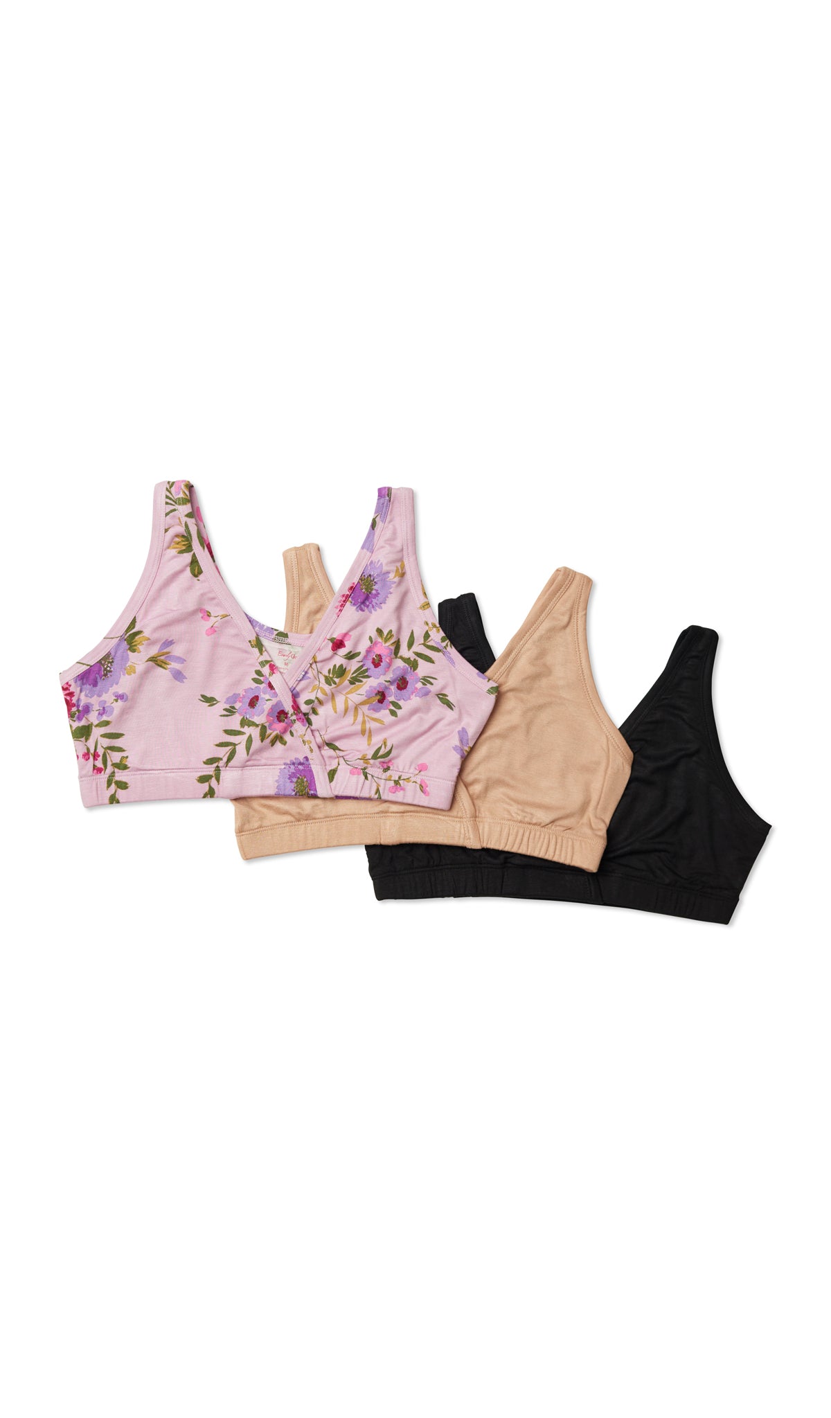 Dusty Rose Paisley 3-Pack flat shot of Dusty Rose bra, Nude bra, and Black bra.