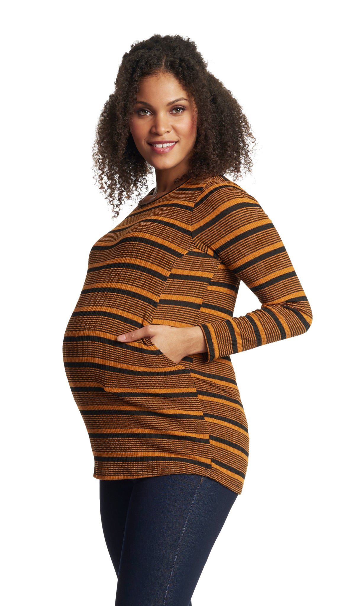 Mustard Stripe Ashley sweater worn by pregnant woman with one hand on side nursing opening for "pocket" effect.