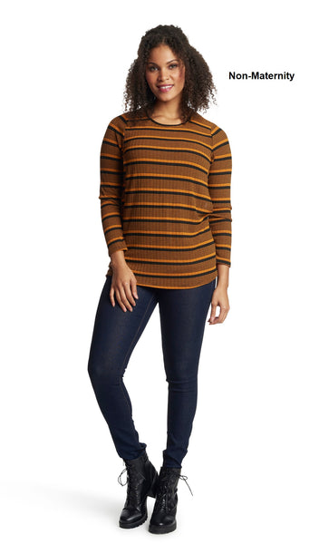 Mustard Stripe Ashley sweater worn by woman as non-maternity style.