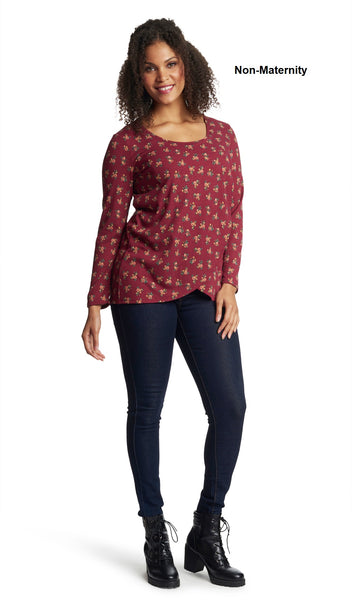 Burgundy Ditsy Adriana top worn by woman as non-maternity style with arms down to side.