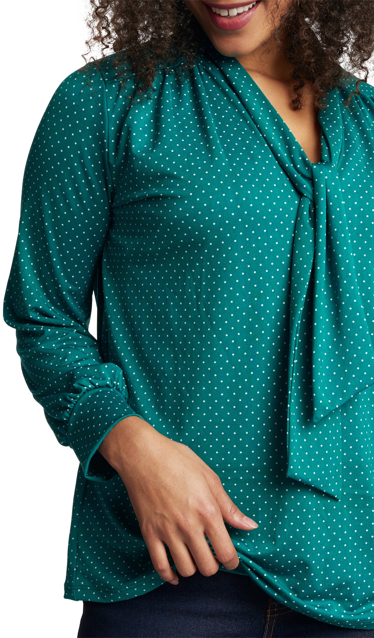 Emerald Dot Vanessa detail shot of woman pulling up front layer to access knit jersey nursing panel underneath.