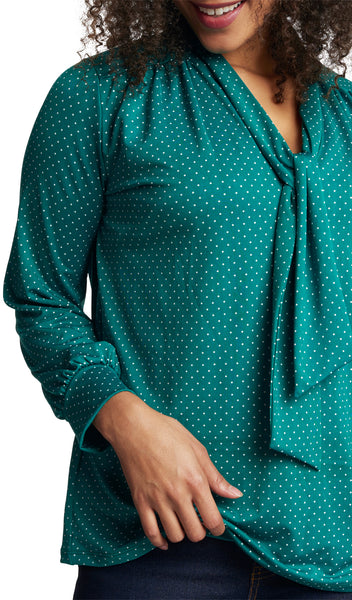 Emerald Dot Vanessa detail shot of woman pulling up front layer to access knit jersey nursing panel underneath.