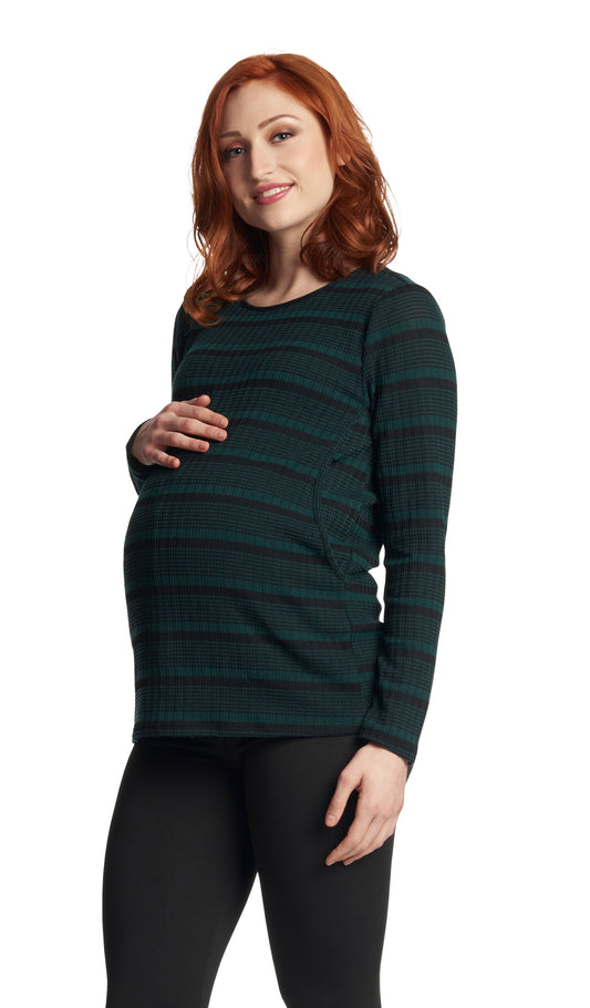 Hunter Stripe Ashley sweater worn by pregnant woman with one hand on her belly.