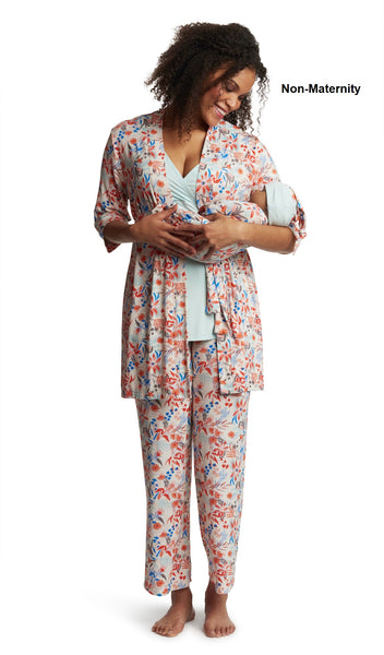Posy Analise 5-Piece Set. Woman wearing 3/4 sleeve robe, tank top and pant as non-maternity while holding a baby wearing baby gown and knotted baby hat.