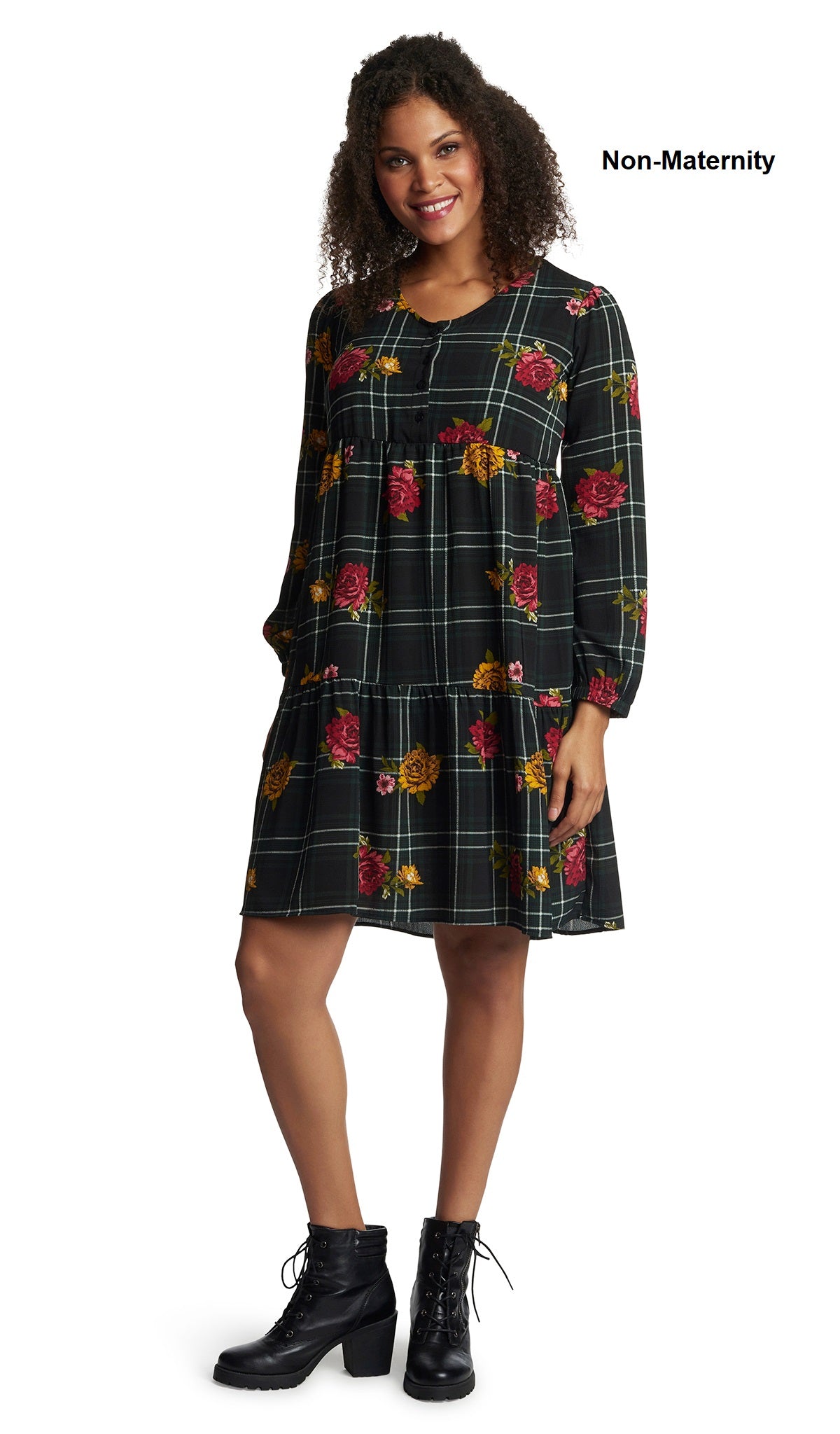 Floral Plaid Tara dress worn by woman as non-maternity style.