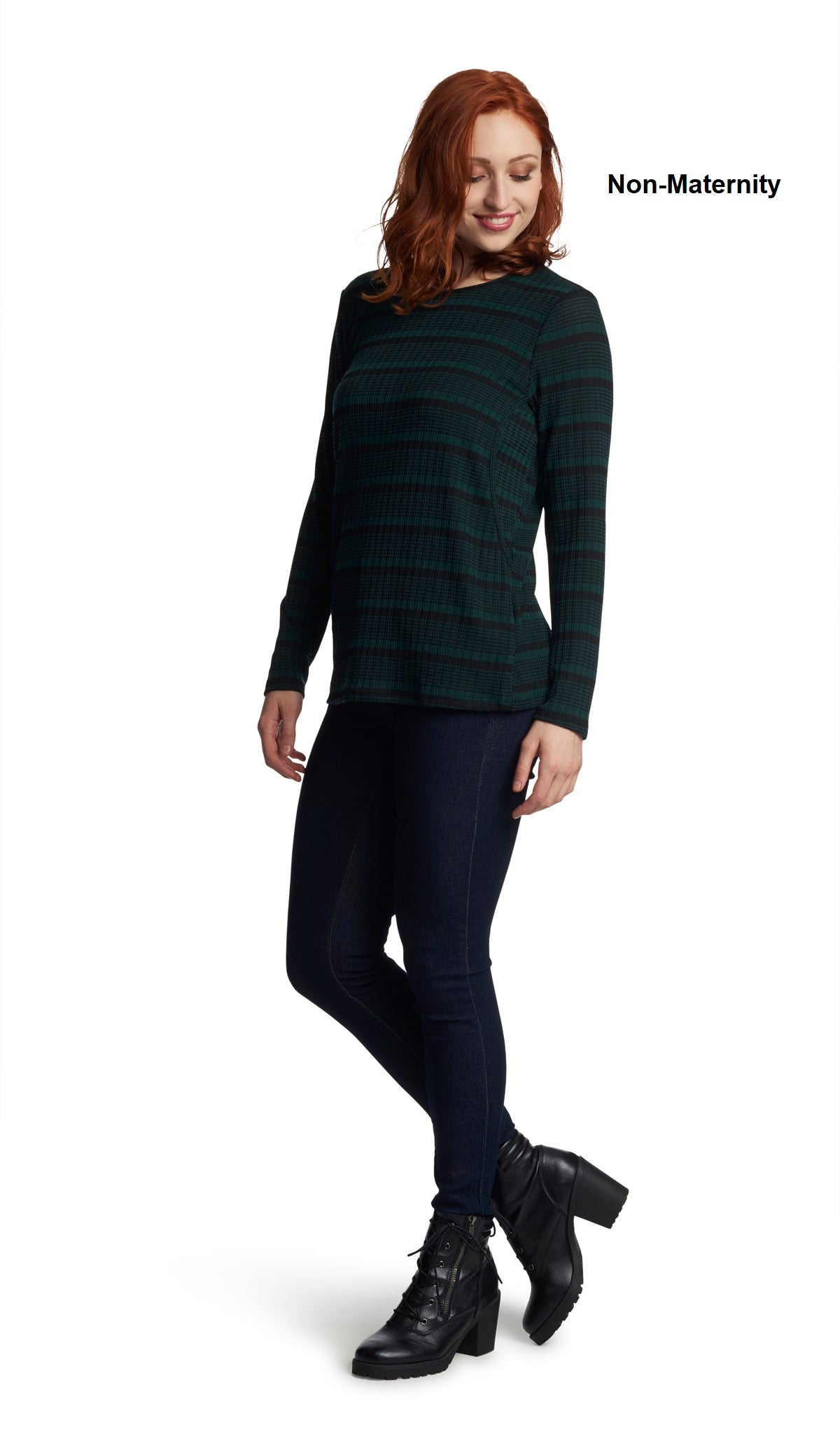 Hunter Stripe Ashley sweater worn by woman as non-maternity style.