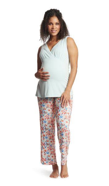 Posy Analise 5-Piece Set, pregnant woman wearing criss-cross bust tank top and pant.
