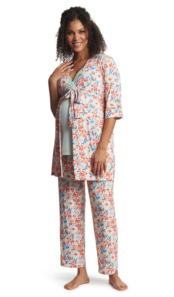 Posy Analise 3-Piece Set. Pregnant woman wearing 3/4 sleeve robe, tank top and pant.