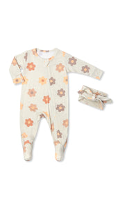 Daisies Footie 2-Piece Set. Flat shot of zip front footie for baby with matching headwrap tied into a tie-knot bow.