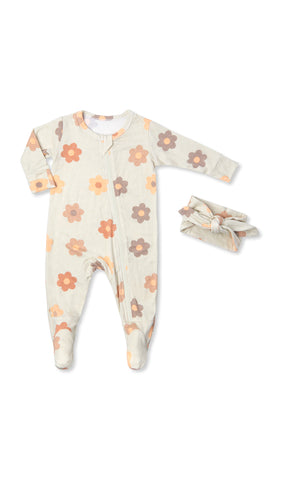 Daisies Footie 2-Piece Set. Flat shot of zip front footie for baby with matching headwrap tied into a tie-knot bow.