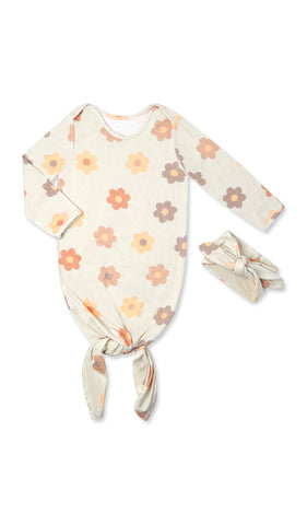 Daisies Knotted Gown 2-Piece flat shot showing long sleeve baby gown with hem tied into a tie-knot bow and matching headwrap.