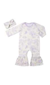 Bali Ruffle Romper 2-Piece. Flat shot of long sleeve romper with ruffles on legs and matching headwrap.