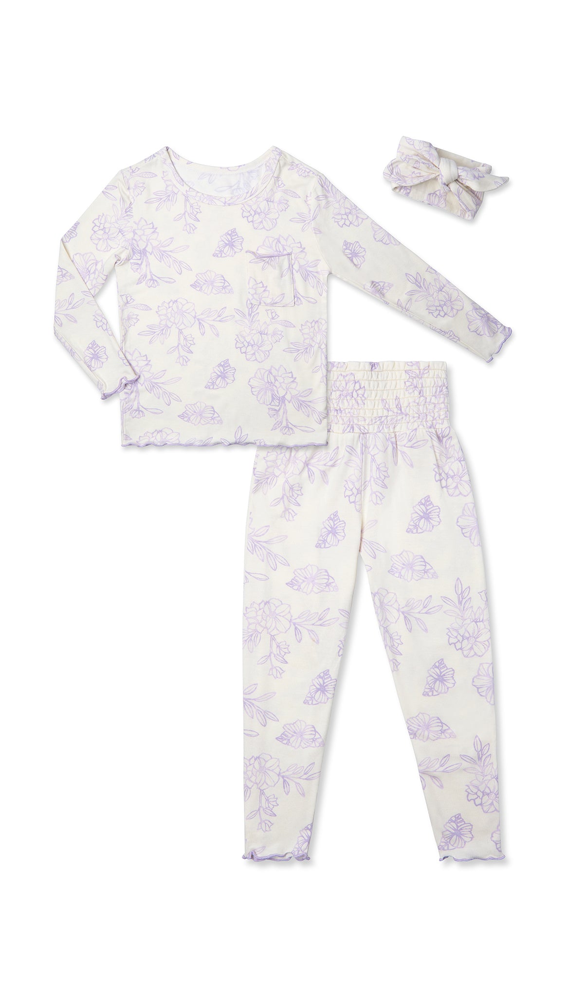 Bali Baby Kids 3-Piece Pant PJ. Long sleeve top with smocked waistband pant and matching headwrap. Lettuce trim detail on sleeve edge, top and pant hem.
