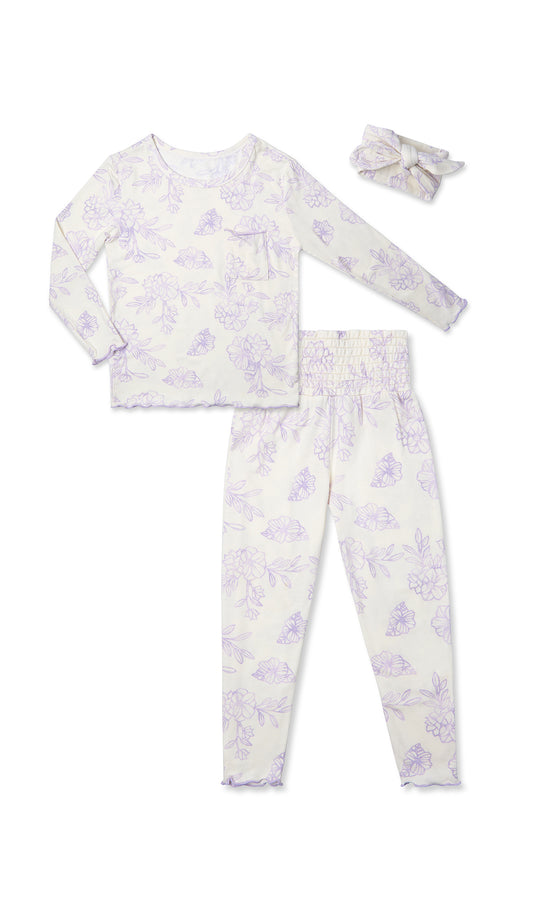 Bali Charlie Kids 3-Piece Pant PJ. Long sleeve top with smocked waistband pant and matching headwrap. Lettuce trim detail on sleeve edge, top and pant hem.