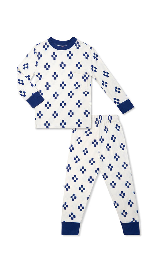 Geo Emerson Kids 2-Piece Pant PJ. Long sleeve top with cuff trim and long pant with cuff trim.