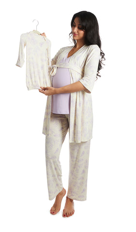 Bali Analise 5-Piece Set. Pregnant woman wearing 3/4 sleeve robe, tank top and pant while holding a baby gown.