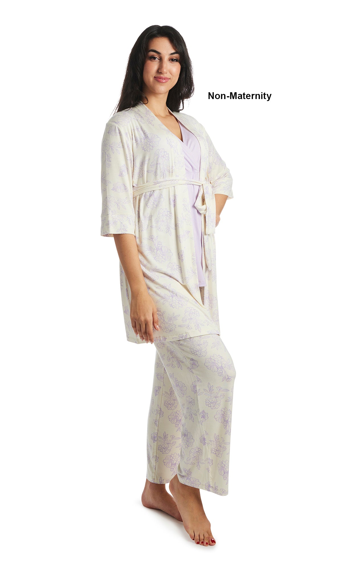 Bali Analise 3-Piece Set. Woman with hand on hip,  wearing 3/4 sleeve robe, tank top and pant as non-maternity.